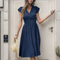 Summer Women Pleated Short Sleeve Solid Color Dress