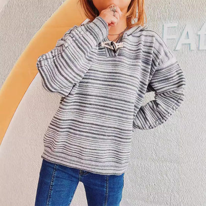 Hoodie Loose Striped Pullover Horn Button Hooded Casual Sports Long Sleeve Sweater Women