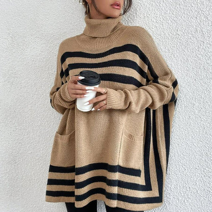 Knitted Women Clothing Turtleneck Striped Batwing Sleeve Cape Shawl Sweater Coat Women