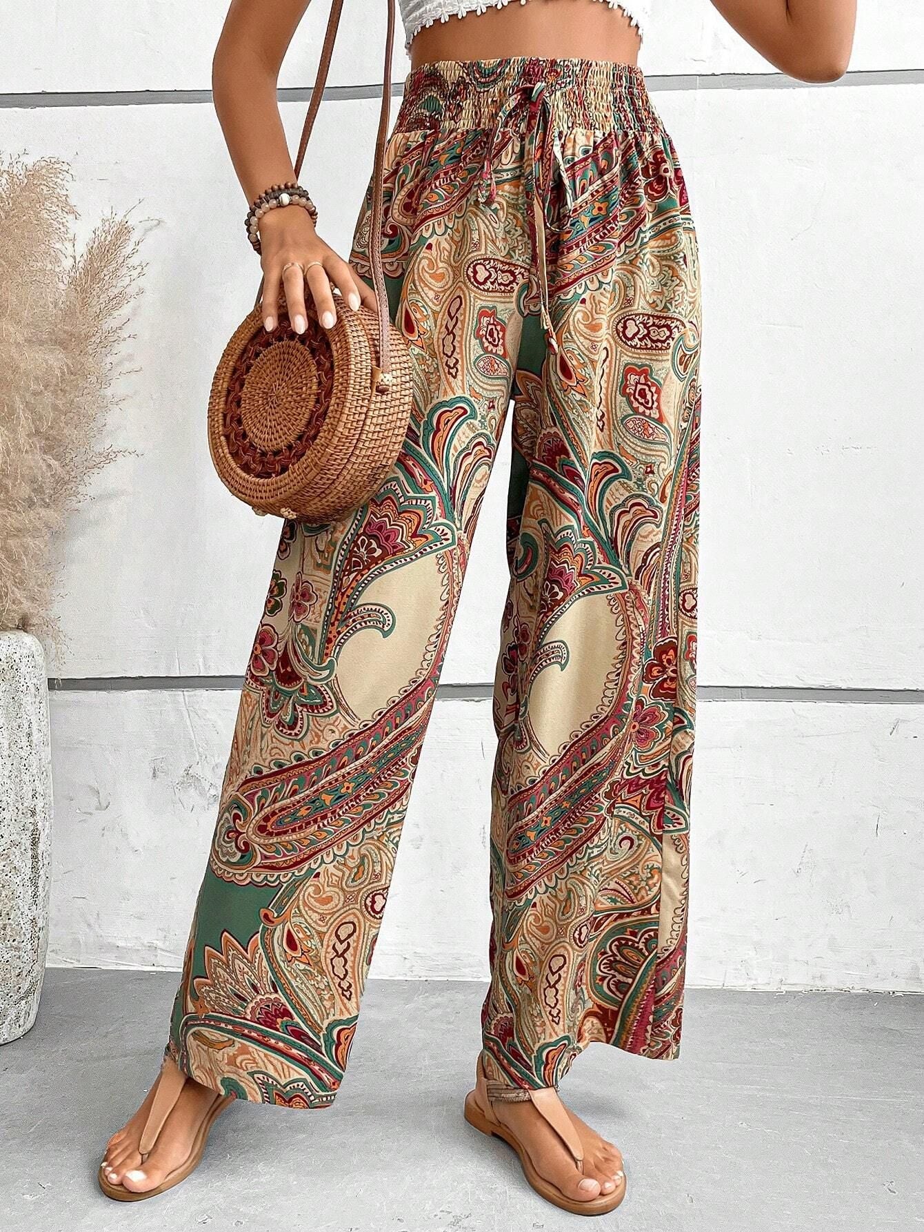 Women Clothing Summer All Match Printed Elastic Waist Wide Leg Pants