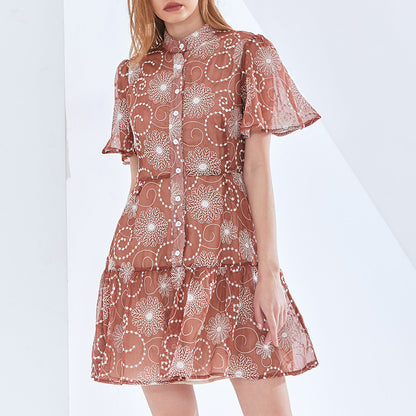 Early Spring Elegant Stand Collar Short Sleeve Printed Short Dress Plus Size Tiered Dress