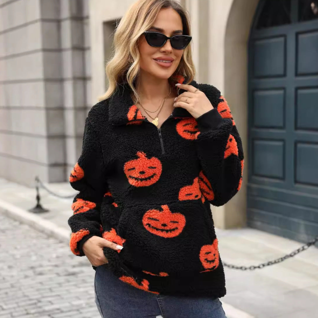 Autumn Winter Women Clothing Halloween Pumpkin Printed Half Zipper Plush Pullover Sweater