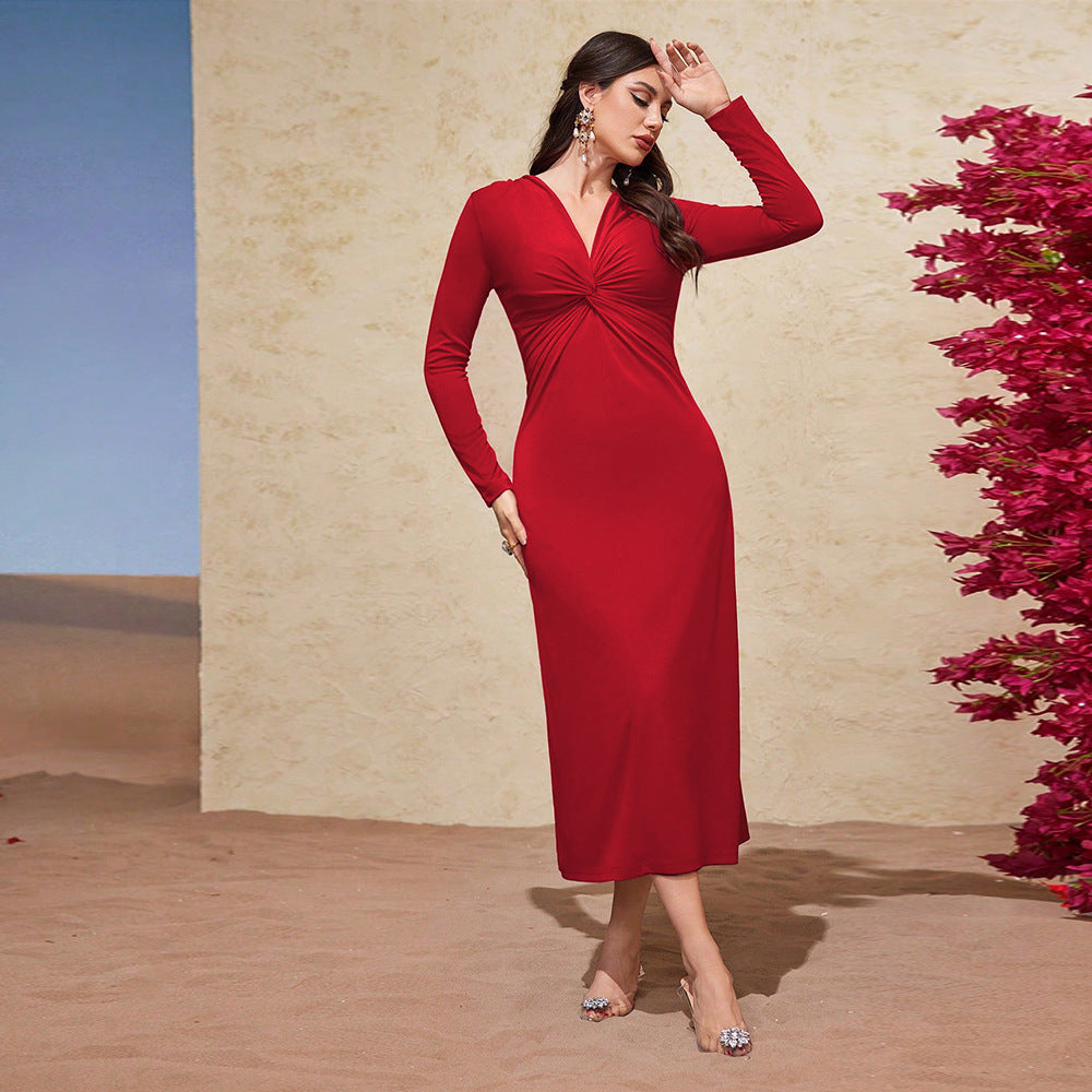 Women Clothing French Elegant Dress Autumn Winter V neck Slim Fit Slimming Red Midi Dress