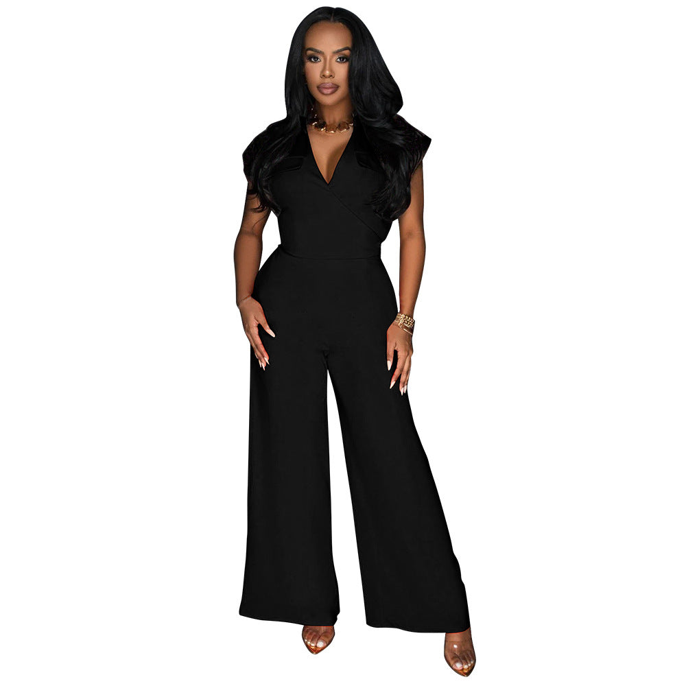 Women Pants Solid Color Sleeveless V neck Wide Leg Jumpsuit