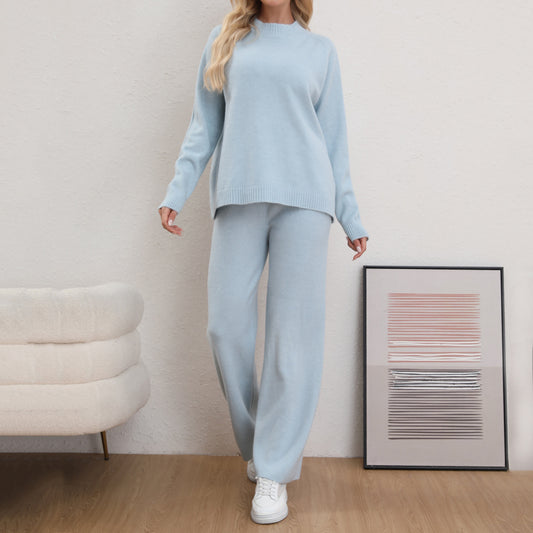 Women's Clothing Solid Color Basic Sweater Pullover Knitted Trousers Casual Two Piece Set