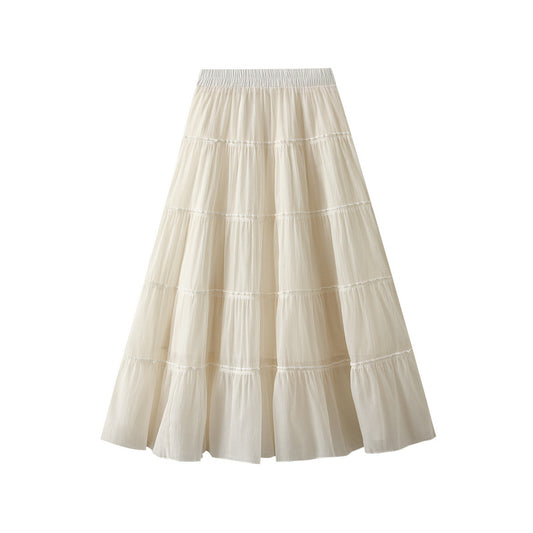 Women Skirt Summer High Waist Draping Pleated Tiered Skirt Casual Mid Length A line Large Hem Umbrella Skirt