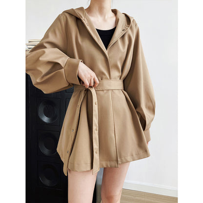 Korean Elegant  Hemline Type Waist-Controlled Lace-up Trench Coat Women Spring Autumn Profile Hooded Top