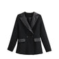 Women Clothing  French Color Block V Neck Slim Fit Blazer Long Sleeved Top Casual