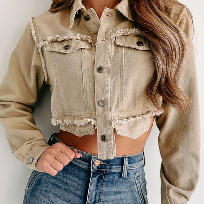 Autumn Winter Casual Collared High Waist Short Tassel Frayed Hem Denim Jacket