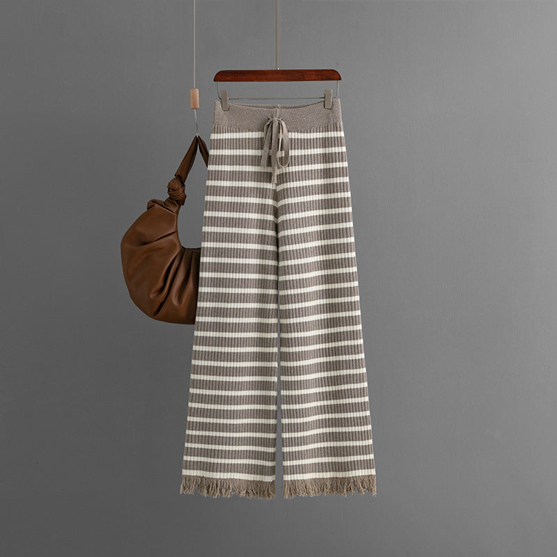 Autumn Winter Striped Wide Leg Pants High Waist Drooping Loose Knitted Mop Straight Wool Casual Pants