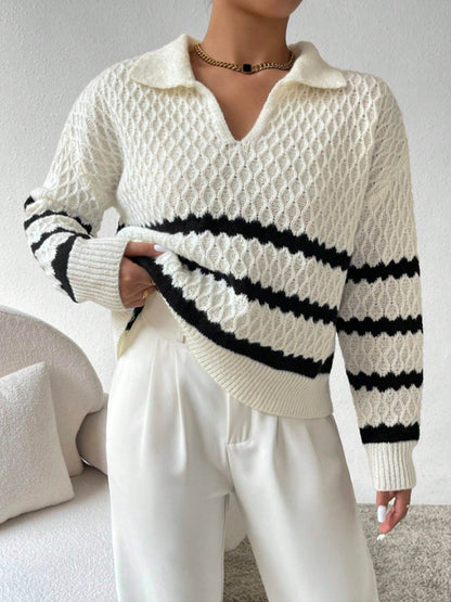 Polo Collar Pullover Women Autumn Winter Classic Striped Loose Casual Sweater Top