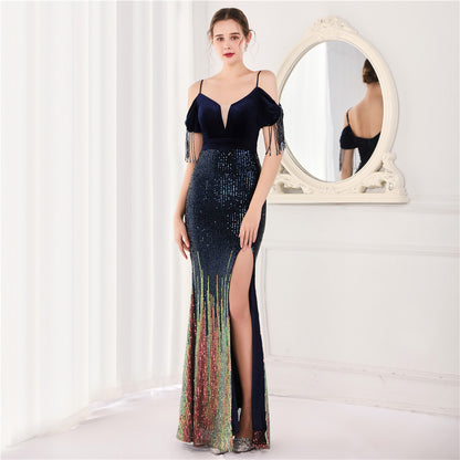 Velvet Spaghetti Straps Cocktail Evening Dress Dress Elegant Company Annual Meeting Women Sexy Long Short Sleeve