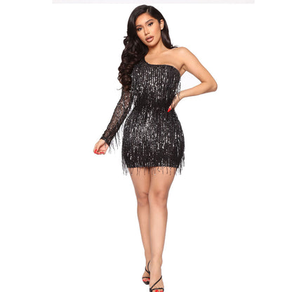 Autumn Winter Sexy Long Sleeved Off Shoulder Sequined Fringed Sheath Women Dress