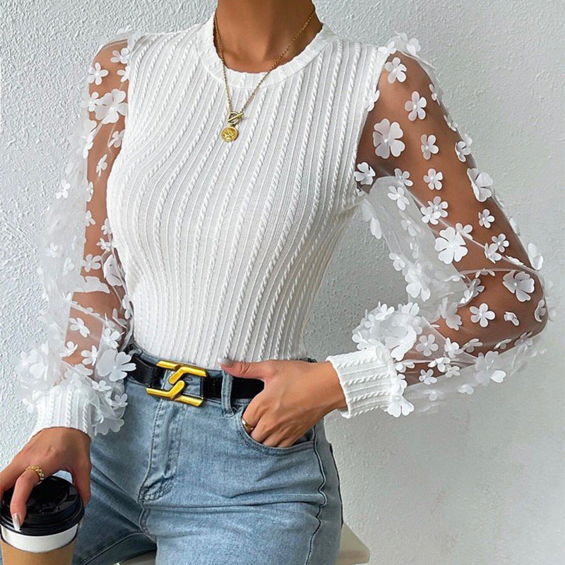 Women Mesh Small Floral Chiffon Shirt Women Spring Summer round Neck Slimming Pullover Long Sleeve Top