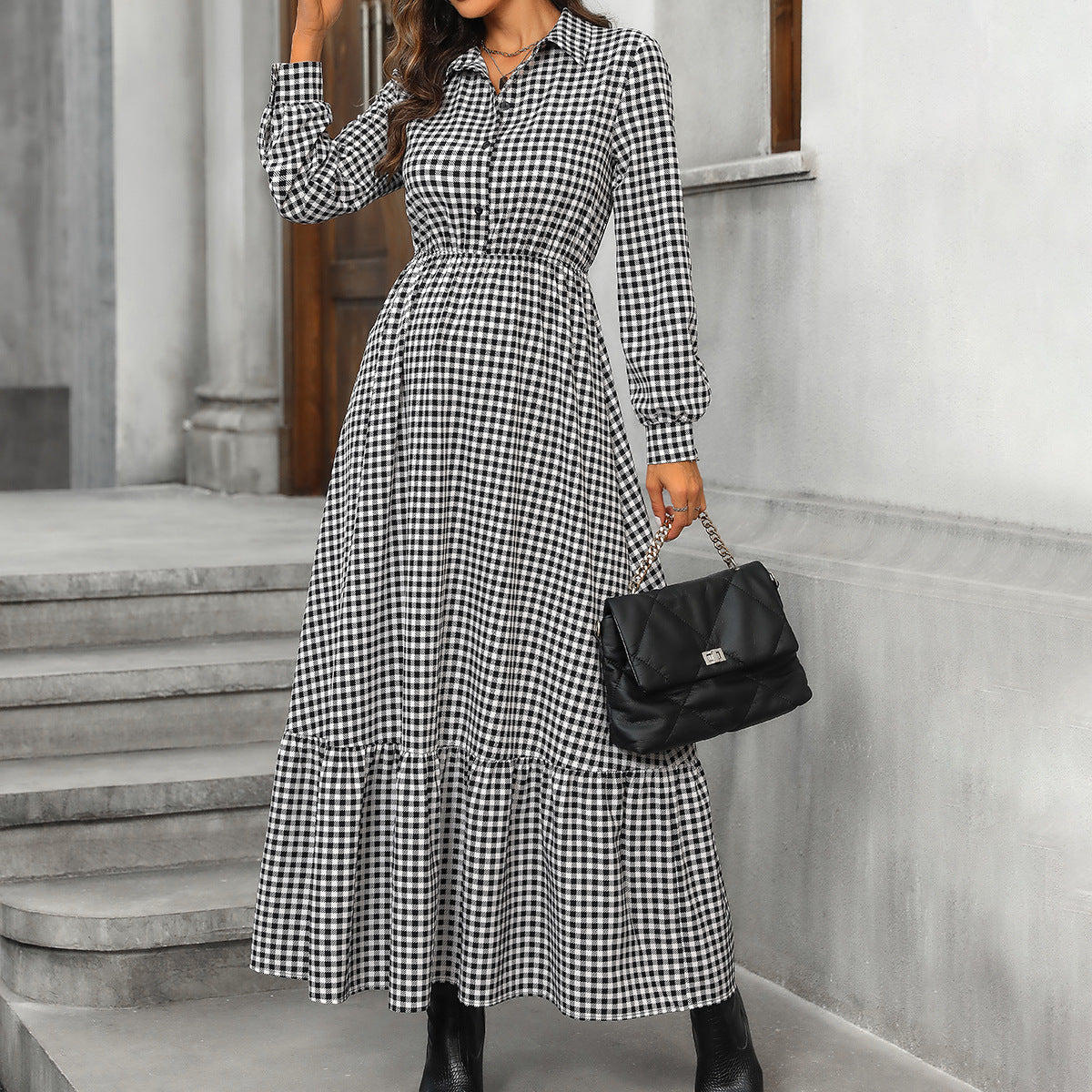 Women Clothing Long Sleeve Dress Shirt Collar Black White Plaid High Waist Dress