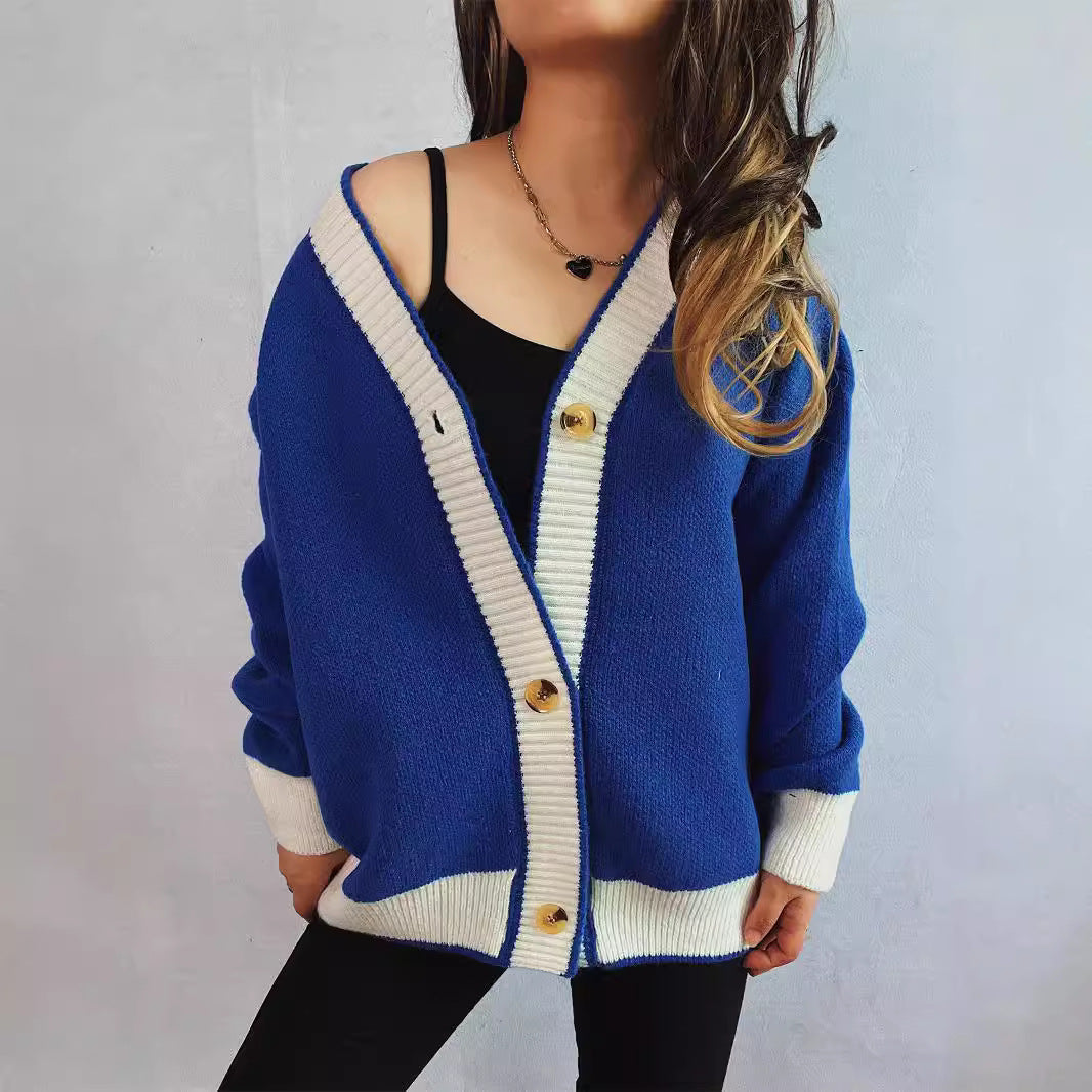 Autumn Winter Contrast Color Cardigan Sweater Street Loose Knitted Sweater