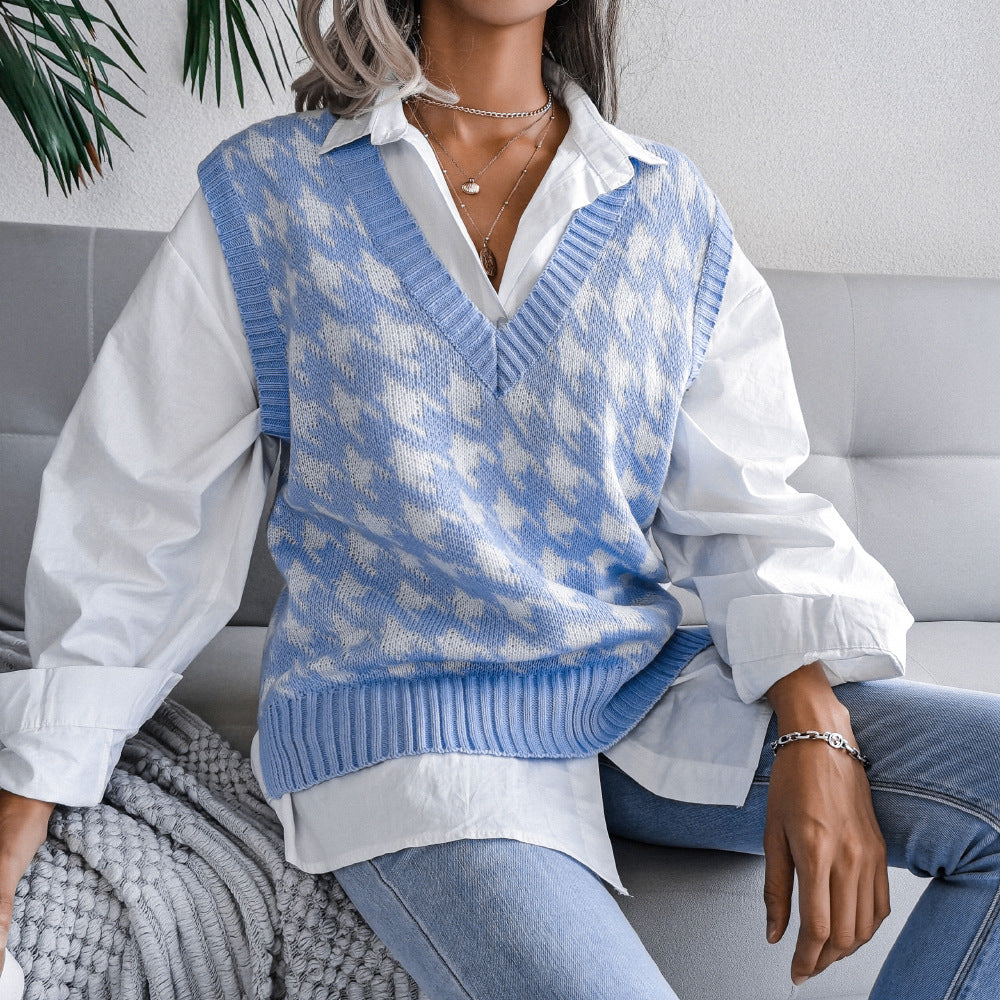 Autumn Winter  V-neck Houndstooth Casual Loose Knitted Vest Sweater Waistcoat Women Clothing