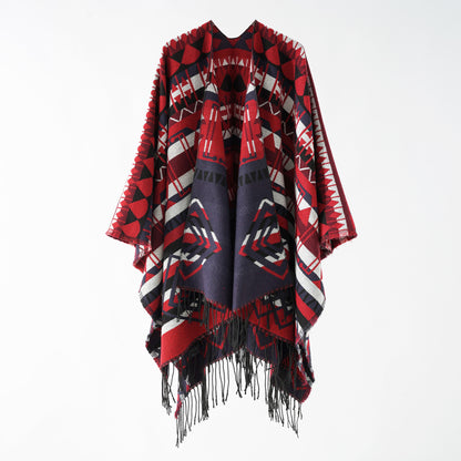 Retro Warm Shawl Nepal Ethnic Slit Scarf Cashmere Tassel Cape Autumn Winter Women