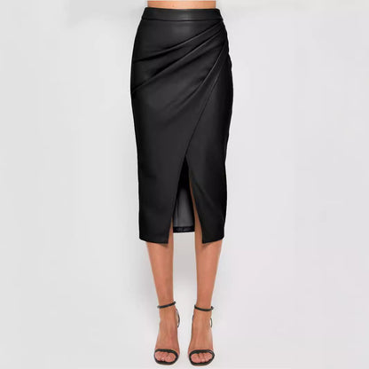 Women Clothing Faux Leather Split Skirt Autumn Winter High Waist Zipper Heap Pleated Leather Skirt Sexy Hip Skirt