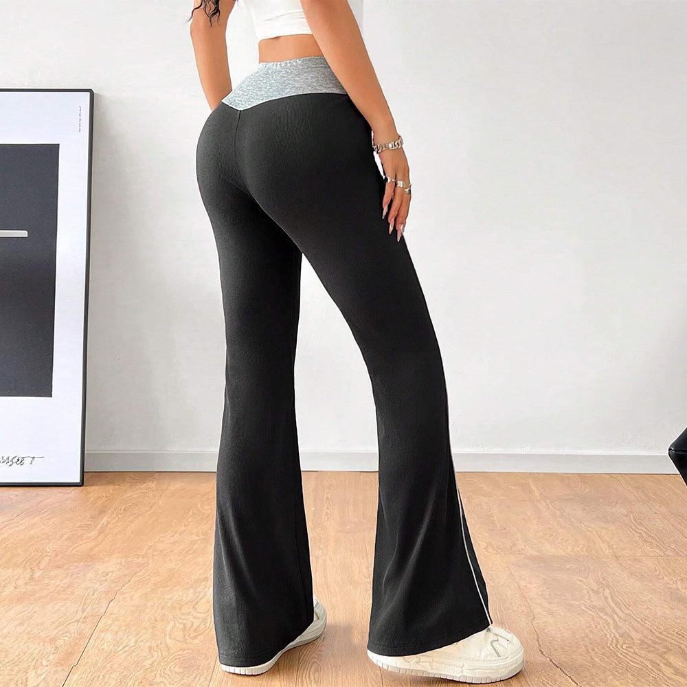 Women Clothing All Match Office Tight Casual Pants Autumn Winter Elastic Waist Contrast Color Wide Leg Pants