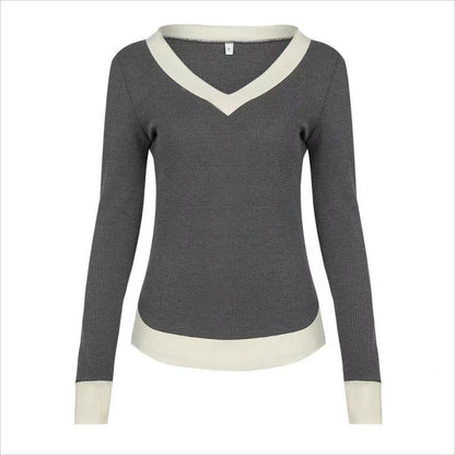 Women Clothing Sweater V Neck Pullover White Edge Long Sleeve Knitted Solid Color Slim Fit Top