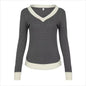 Women Clothing Sweater V Neck Pullover White Edge Long Sleeve Knitted Solid Color Slim Fit Top