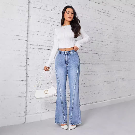 Women Clothing Jeans Pearl Loose Wide Leg High Waist Denim Trousers