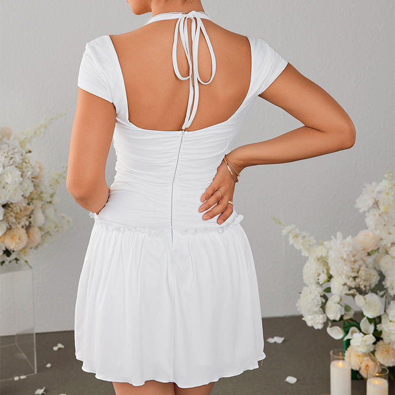 Milk Silk White Double Layer Dress Sexy Hollow Out Cutout Backless Halter Pleated Dress