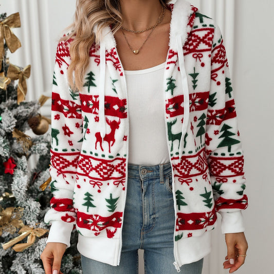 Autumn Winter Women Clothing Long Sleeved Cardigan Christmas Printed Plush Coat