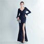 Ostrich Feather Cuff Design Side Slit Long Sleeve Sequined Fishtail Evening Dress