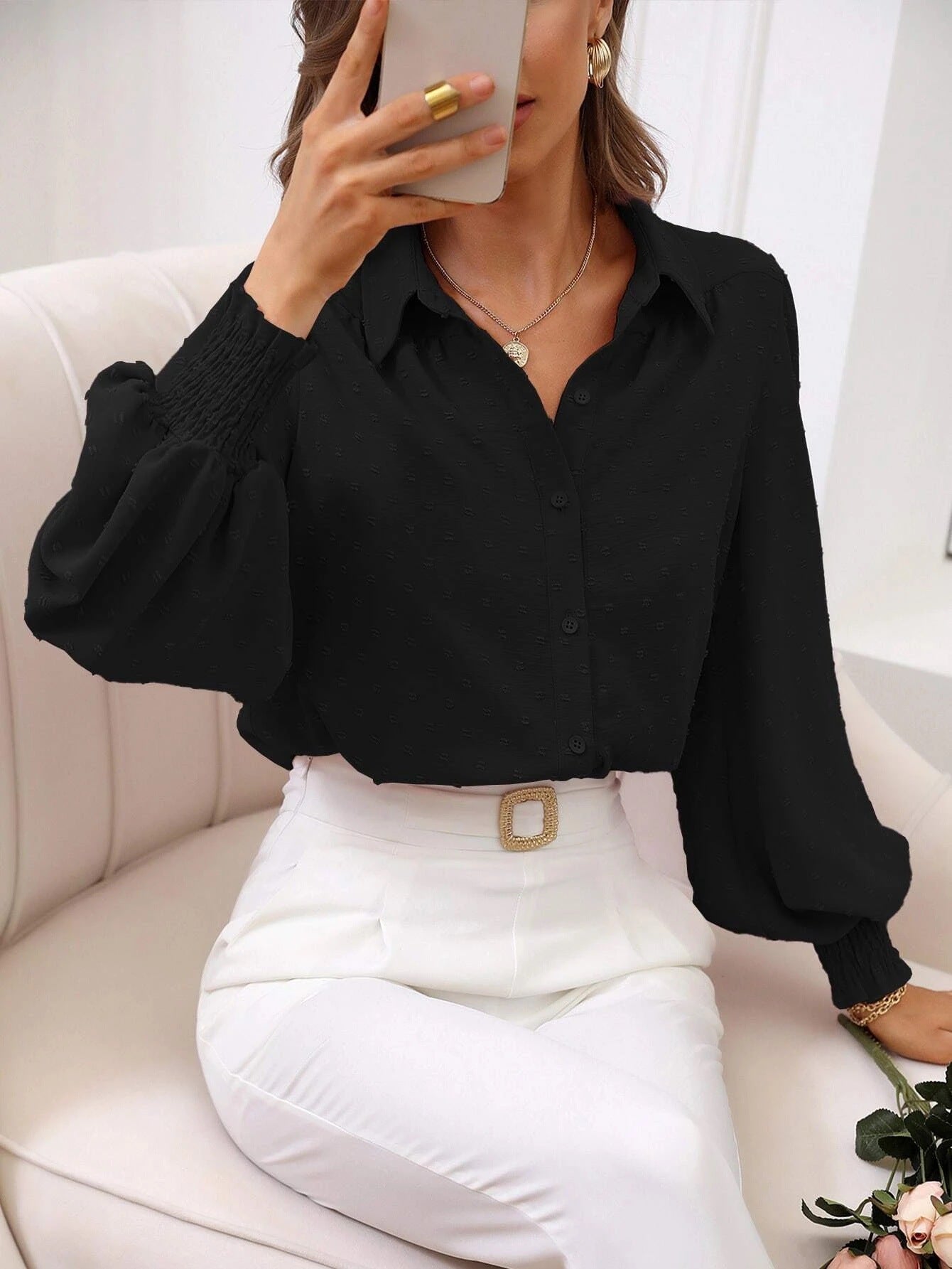 Autumn Women Shirt Collared Lantern Sleeve Solid Color Shirt