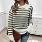 Autumn Winter Women Casual Loose Lapels Striped Long Sleeve Sweater