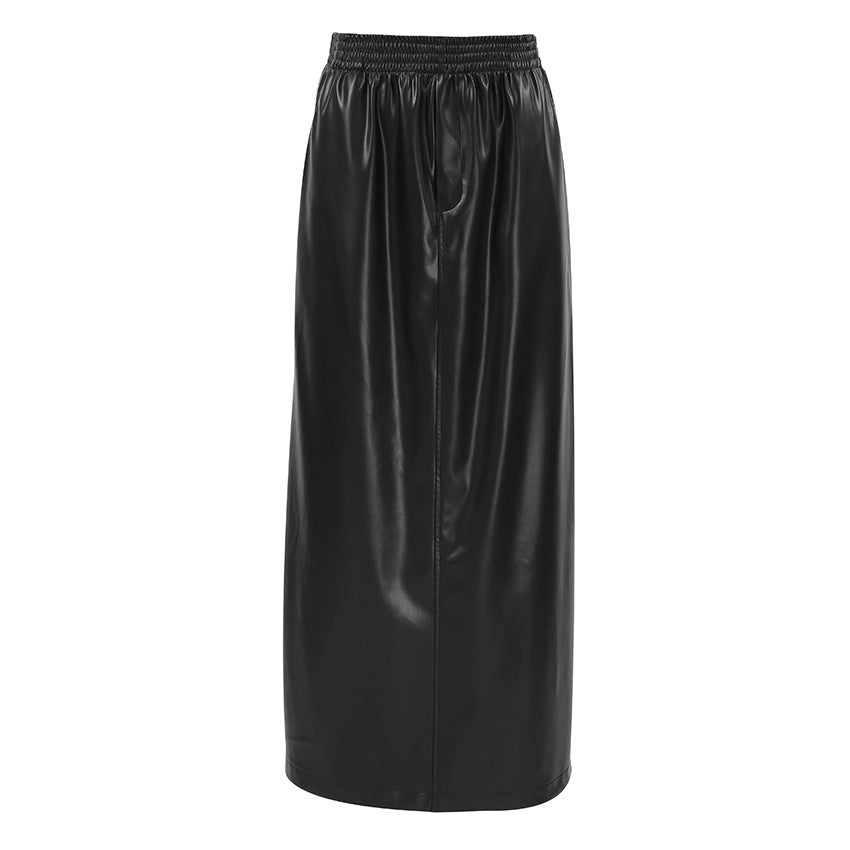 Fleece lined Matte Artificial Leather Sexy Slit A Swing Skirt Leather Skirt Fall Winter Long Skirt for Women