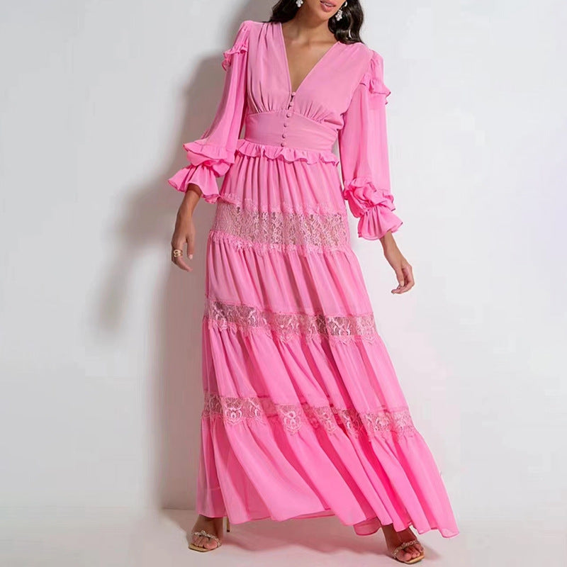 Ruffled Maxi Dress Spring Lace Patchwork Ruffled V Neck Long Sleeve Dress