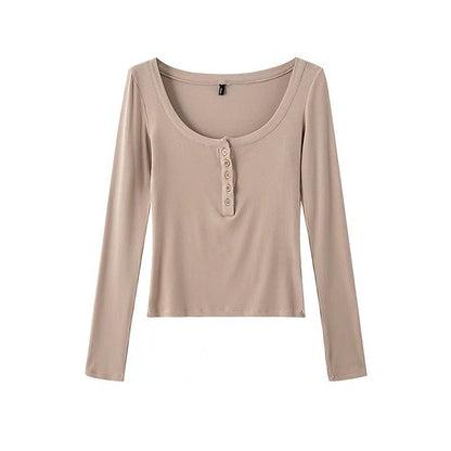 sexy Spring Scoop Solid Color Elastic Half-Open Buckle Tight Long-Sleeved T-shirt Bottoming Shirt