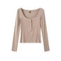 sexy Spring Scoop Solid Color Elastic Half-Open Buckle Tight Long-Sleeved T-shirt Bottoming Shirt