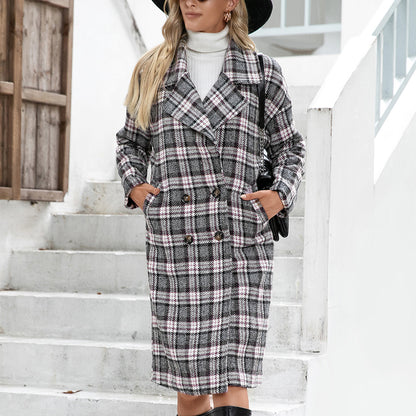Blazer Collar Double Breasted Long Cashmere Houndstooth Woolen Coat Plaid Trench Coat for Women
