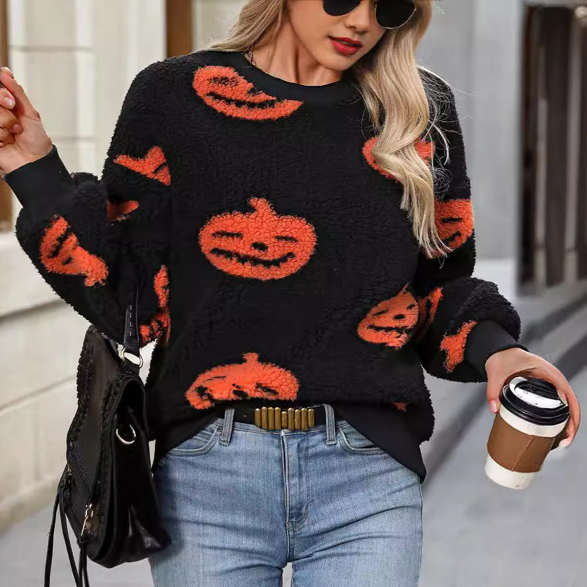 Women Autumn Winter Halloween Printed Plush Loose Pullover Sweatershirt