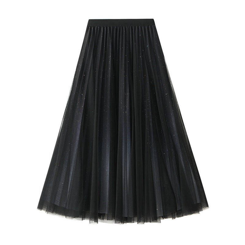 Starry Sky Gradient Gauze Skirt Pleated  for Women Mesh Skirt Western Autumn Winter Large Swing Skirt Skirt