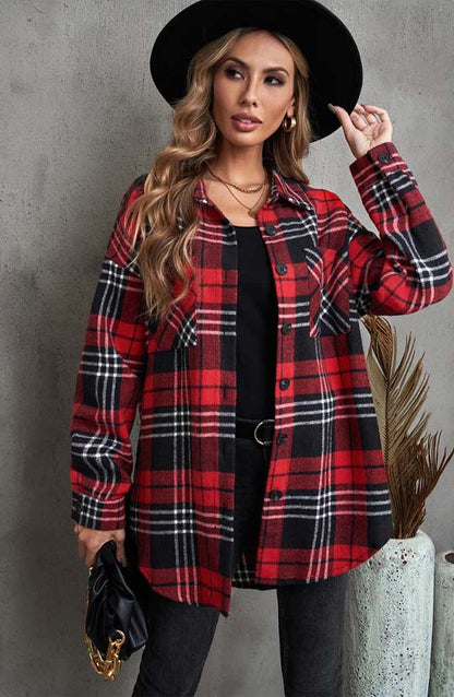 Fall Winter Lapels Single-Breasted Shirt Office Women Loose Plaid Wool Coat