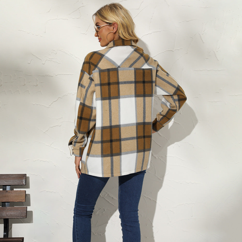 Autumn Winter Women Clothing Collared Plaid Color Matching Single Breasted Woolen Casual Coat for Women