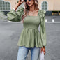 Solid Color Shirt Women Autumn Winter Office Smocking Long Sleeve Top