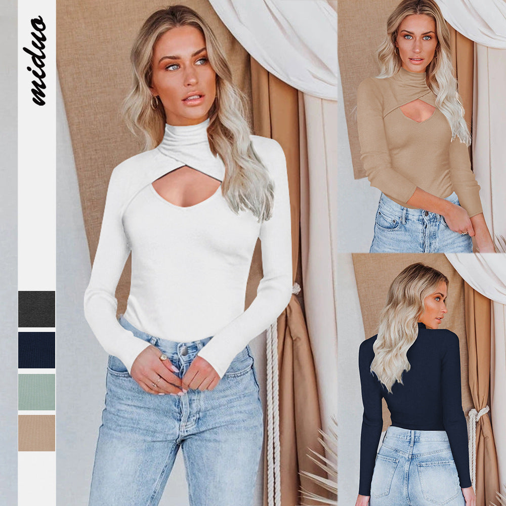 Women Wear Sexy Hollow Out Cutout Turtleneck Long Sleeve Thread Fitted Top Small Sunken Stripe Pullover