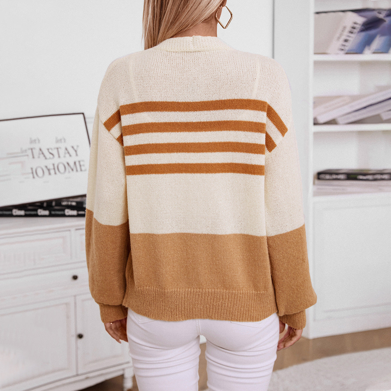 Autumn Winter Women Clothing Contrast Color Striped Button Knitted Cardigan Casual Loose Sweater Women Coat