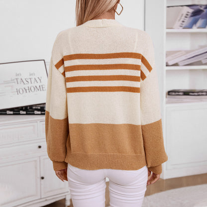 Autumn Winter Women Clothing Contrast Color Striped Button Knitted Cardigan Casual Loose Sweater Women Coat