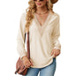 Autumn Winter Lace V-neck Patchwork Loose Long-Sleeved T-shirt Top Women Clothing