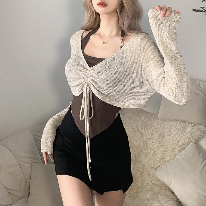 Fall Women Clothing Solid Color Slim Fit V neck Long Sleeve Halterneck Vest Two Piece Set