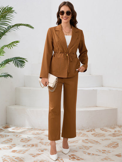 Casual Striped Collared Thin Strap Small Blazer Straight Leg Trousers Two Piece Set Suit Women Clothing