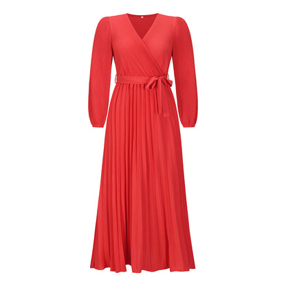 Autumn Winter Women V neck Long Sleeve Pleated A line  Mid Length Dress