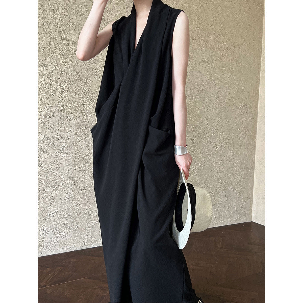 Elegant V neck Sleeveless Twisted Waist Dress Women Slimming Irregular Asymmetric High Grade Hong Kong Long Dress